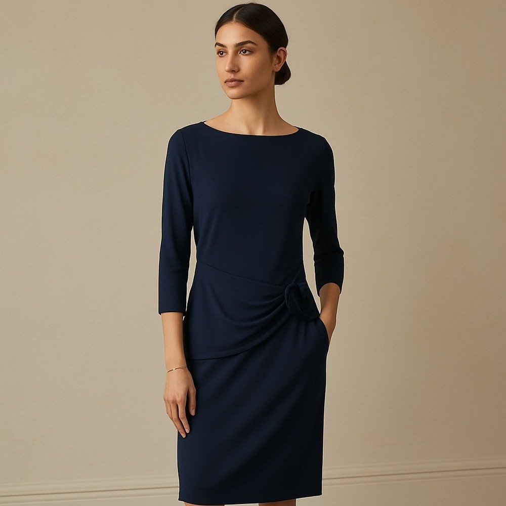 LIDA‎ BADAY Women's Navy Blue Draped Midi Dress L G